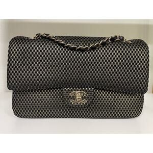 CHANEL Perforated Jersey Classic Double Flap Bag in Black/Gold